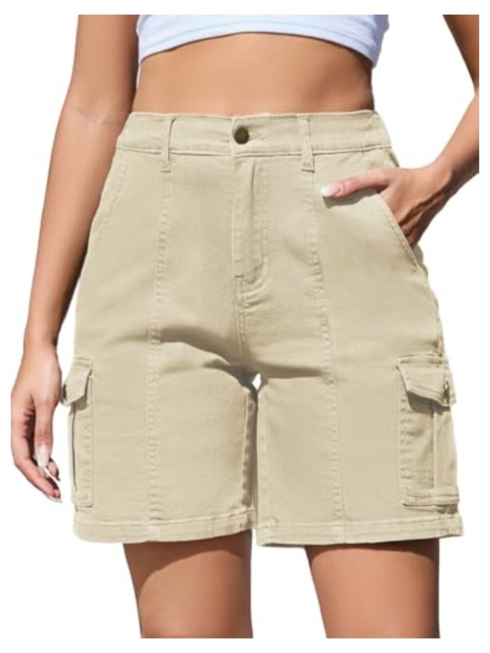 Women's Bermuda Cargo Shorts 7 Inch Inseam High Waist 6 Pockets Cotton Elastane
